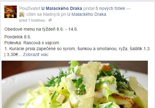 Ukážka príspevku obedového menu na Facebooku