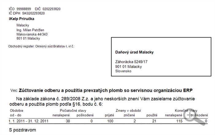 Zúčtovanie odberu a použitia prevzatých plomb - už zničené plomby