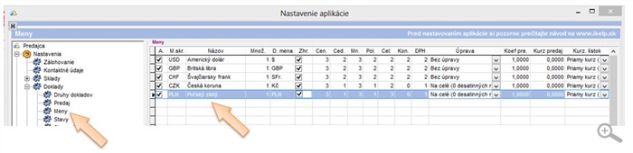 Nastavenia meny v aplikácii