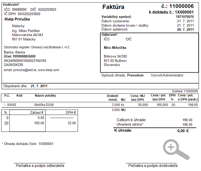 Finančné doklady - vytlačená faktúra, ktorá vznikla z preddavkovej faktúry