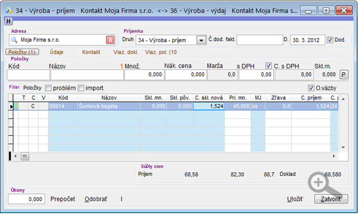 Výroba - príjem receptúry - upravená skladová cena