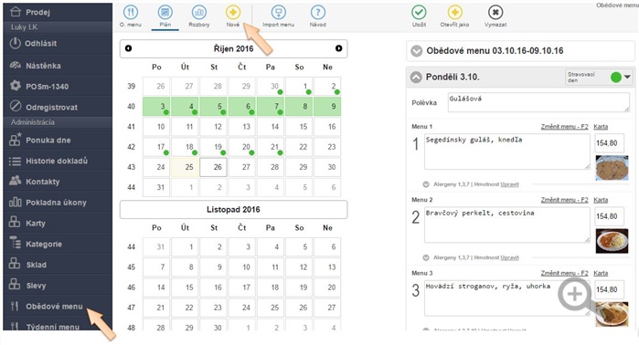 Vytvoření nového obědového menu