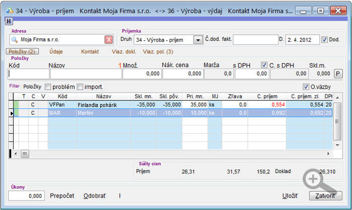 Výroba - príjem receptúr - položky po úprave viazaných položiek