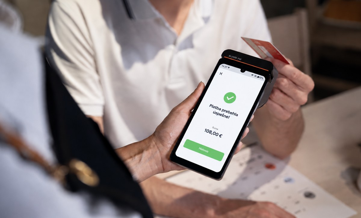 Platba kartou u stolu v restauraci na mobilní pokladně iKelp