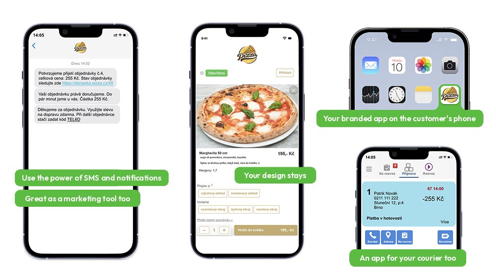 Delivery module benefits - SMS notifications, your design, your branded app and a courier app