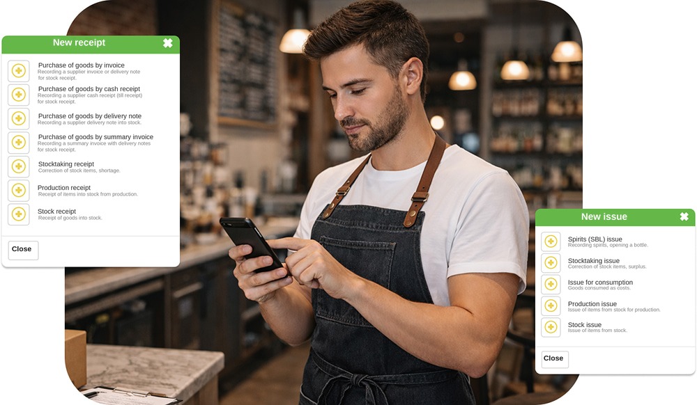 Recording a new goods receipt and a new stock issue on a phone in iKelp POS Mobile