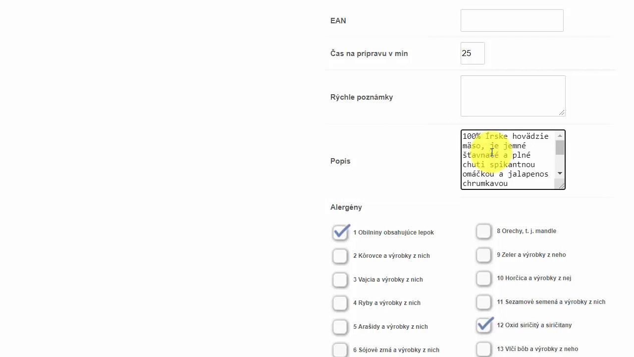 Detail karty s poľom Popis a zoznamom alerg&eacute;nov na za&scaron;krtnutie
