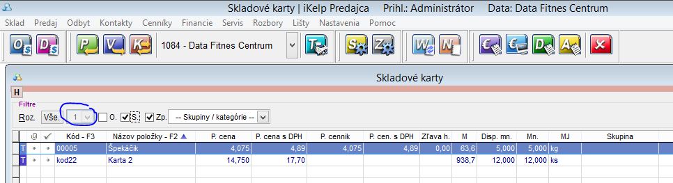 Filter na skladove karty skladom pod uzivatelom Administrator