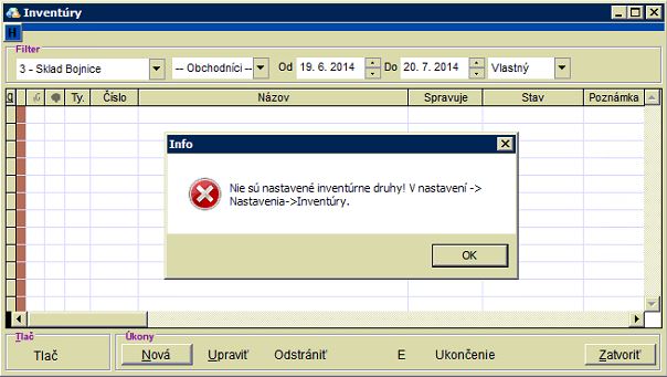 Hl&aacute;senie aplik&aacute;cie pri nenastavenom druhu pre invent&uacute;ru na novom sklade