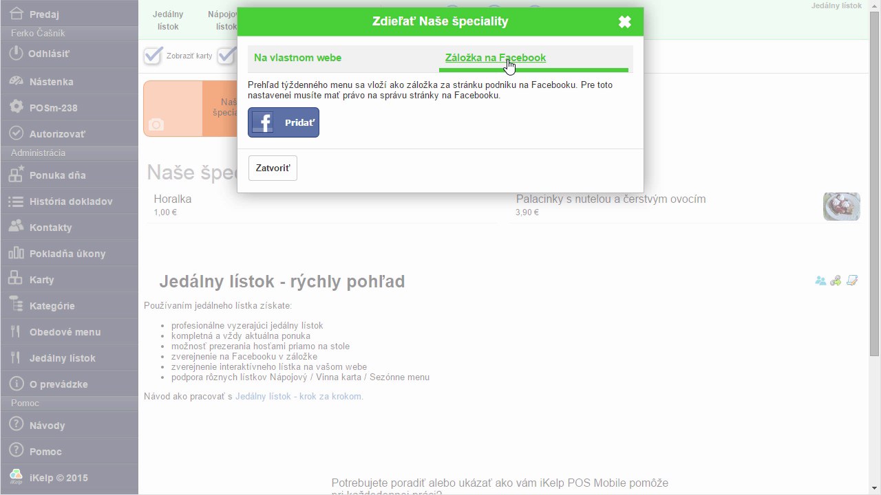 Dial&oacute;g Zdieľať Na&scaron;e &scaron;peciality &mdash; zobrazen&aacute; z&aacute;ložka Z&aacute;ložka na Facebooku s tlačidlom Pridať a popisom o vložen&iacute; ponuky do firemnej str&aacute;nky na Facebooku