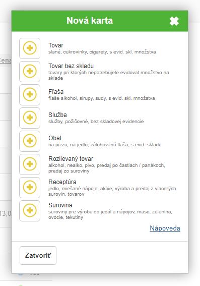Možnosti pre výber novej skladovej karty Možnosti pre výber novej skladovej karty