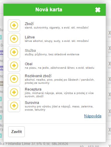 Možnosti pro výběr typu nové skladové karty