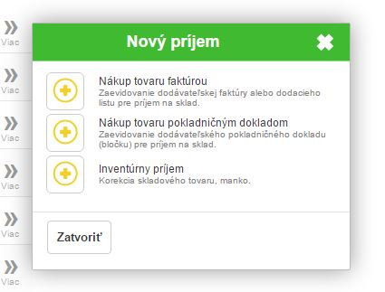 Nový príjem - výber typov dokladov pre príjem