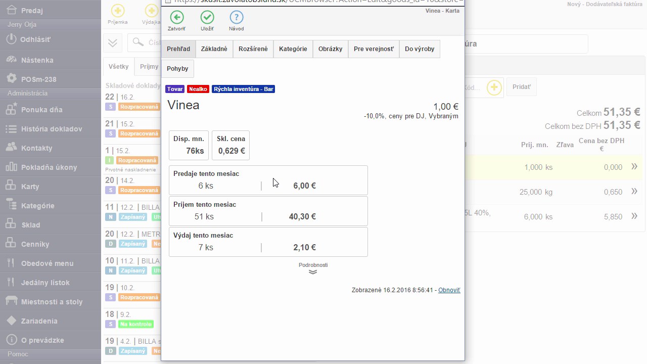 Karta tovaru Vinea so &scaron;tatistikami: disponibiln&eacute; množstvo 76 ks, skladov&aacute; cena 0,629 &euro;, predaje tento mesiac 6 ks za 6,00 &euro;, pr&iacute;jem 51 ks za 40,30 &euro;, v&yacute;daj 7 ks za 2,10 &euro; a odkaz Podrobnosti