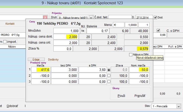 Zobrazenie marže a Nomin&aacute;lnej marže na pr&iacute;jemke