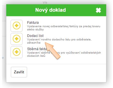 Vytvoření nového finančního dokladu - Dodací list