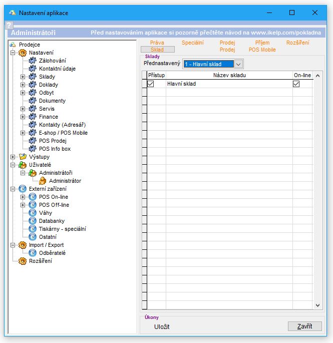 Nastaven&iacute; pr&aacute;v pro Sklad uživatele/ skupiny.