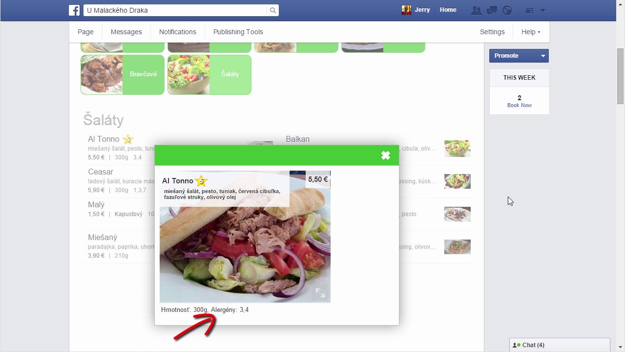 Detail jedla Al Tonno na Facebooku &mdash; veľk&aacute; fotografia &scaron;al&aacute;tu, zloženie, cena 5,50 &euro;, hmotnosť 300 g a č&iacute;sla alerg&eacute;nov 3, 4