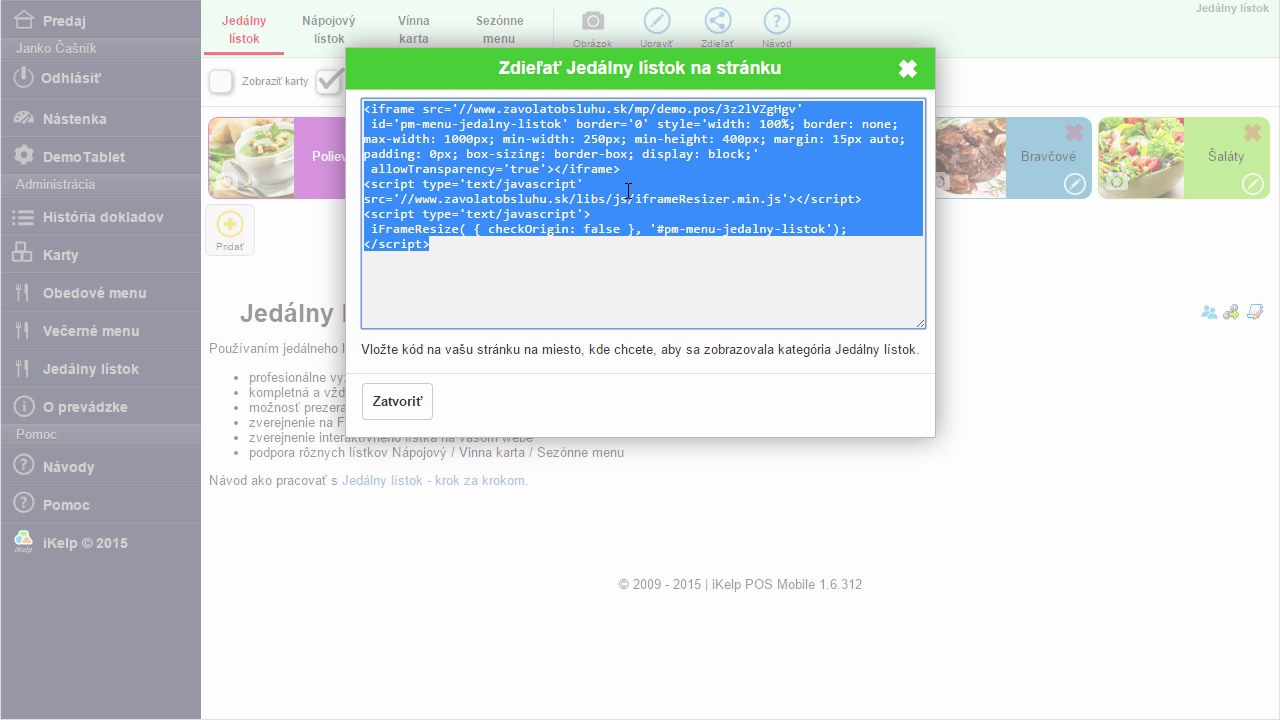 Dial&oacute;g Zdieľať Jed&aacute;lny l&iacute;stok na str&aacute;nku v iKelp POS Mobile &mdash; vygenerovan&yacute; iframe HTML k&oacute;d pripraven&yacute; na skop&iacute;rovanie