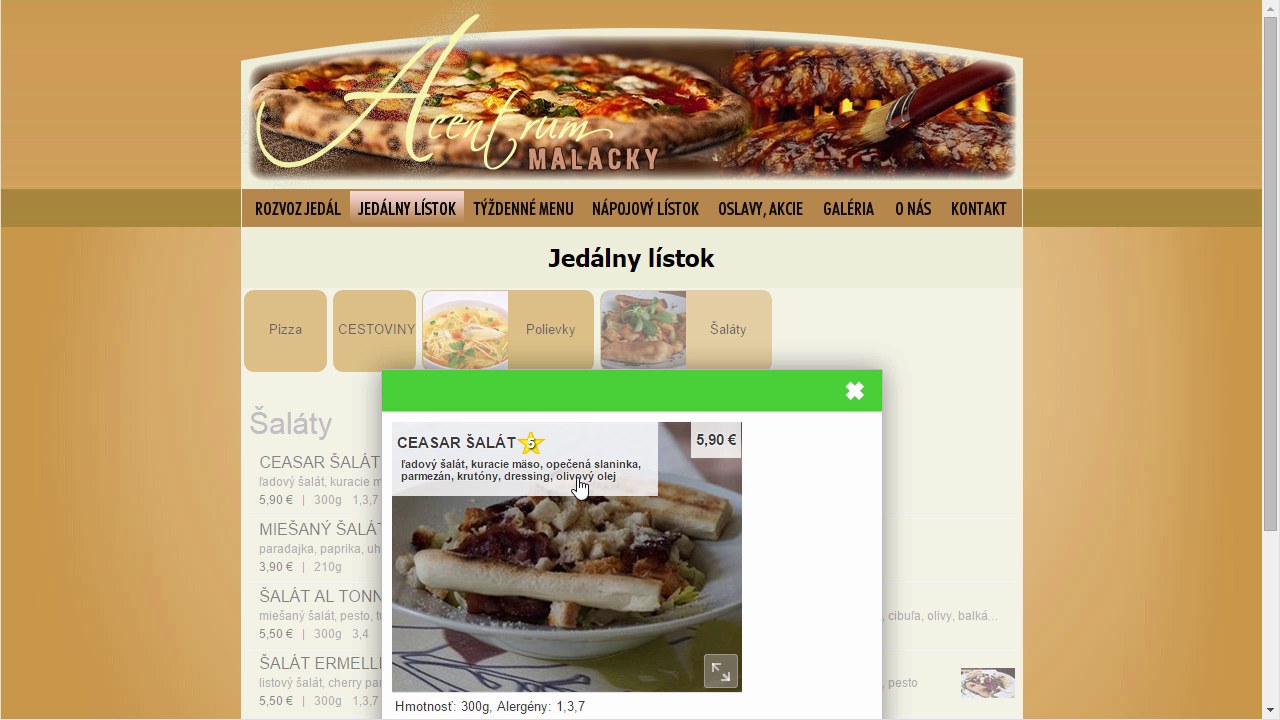 Webov&aacute; str&aacute;nka Acentrum Malacky &mdash; sekcia Jed&aacute;lny l&iacute;stok zobrazuje detail &scaron;al&aacute;tu Ceasar s fotografiou, cenou 5,90 &euro;, hmotnosťou 300 g a alerg&eacute;nmi 1,3,7