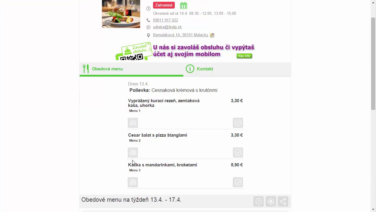 Profilov&aacute; str&aacute;nka Zavolať obsluhu &mdash; z&aacute;ložka Obedov&eacute; menu s dennou ponukou jed&aacute;l a cenami
