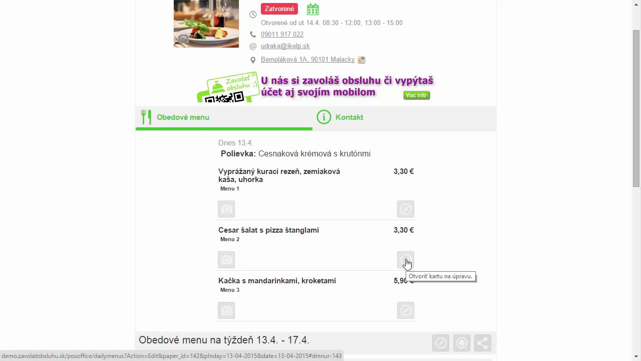 Profilov&aacute; str&aacute;nka s tooltip Otvoriť kartu na &uacute;pravu zobrazen&yacute;m pri ikone &uacute;pravy obedov&eacute;ho menu