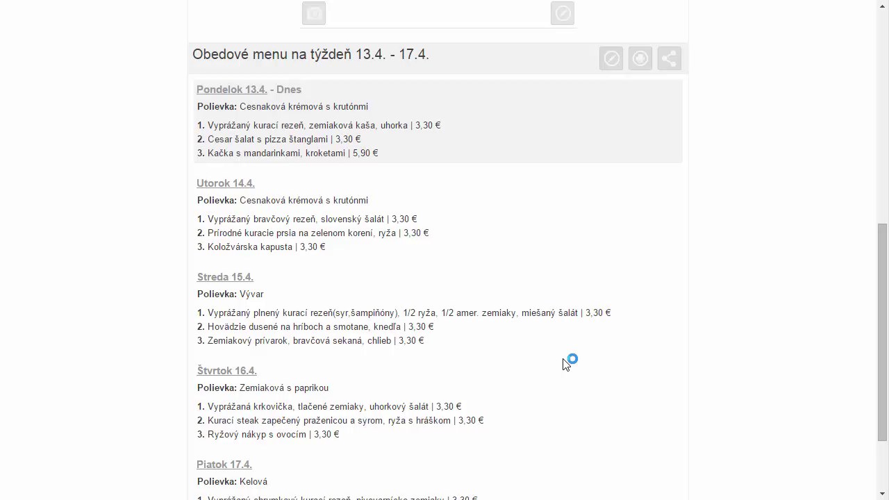 Sekcia Obedov&eacute; menu na t&yacute;ždeň 13.4. &ndash; 17.4. na profilovej str&aacute;nke s ponukou na každ&yacute; deň