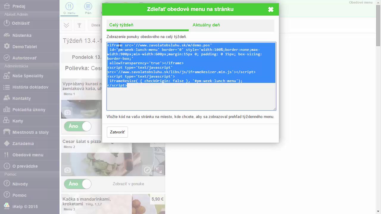 Dial&oacute;g Zdieľať obedov&eacute; menu na str&aacute;nku &mdash; z&aacute;ložka Cel&yacute; t&yacute;ždeň so zv&yacute;raznen&yacute;m HTML iframe k&oacute;dom pripravenom na skop&iacute;rovanie