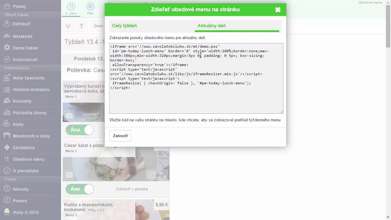 Dial&oacute;g Zdieľať obedov&eacute; menu na str&aacute;nku &mdash; z&aacute;ložka Aktu&aacute;lny deň s HTML iframe k&oacute;dom pre denn&eacute; menu