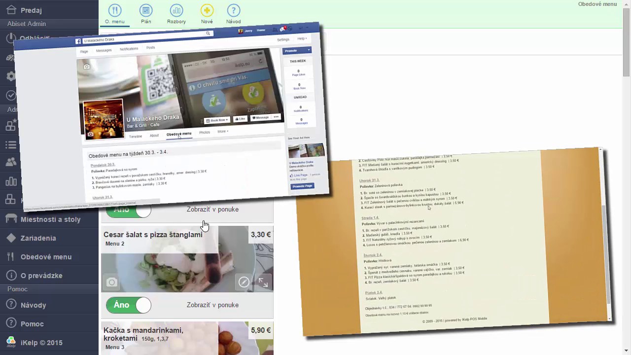 Facebook str&aacute;nka U Malack&eacute;ho Draka so zverejnen&yacute;m obedov&yacute;m menu na t&yacute;ždeň vedľa administr&aacute;cie iKelp POS Mobile