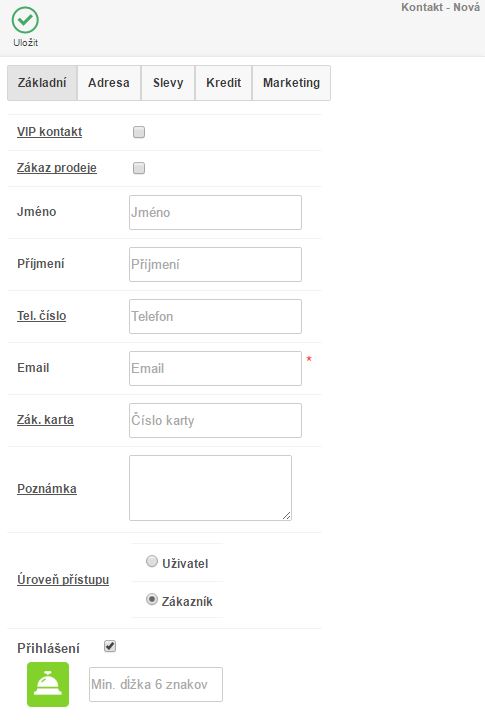 Záložka Základní na novém konktaktu v iKelp POS Mobile Záložka Základní na novém konktaktu v iKelp POS Mobile