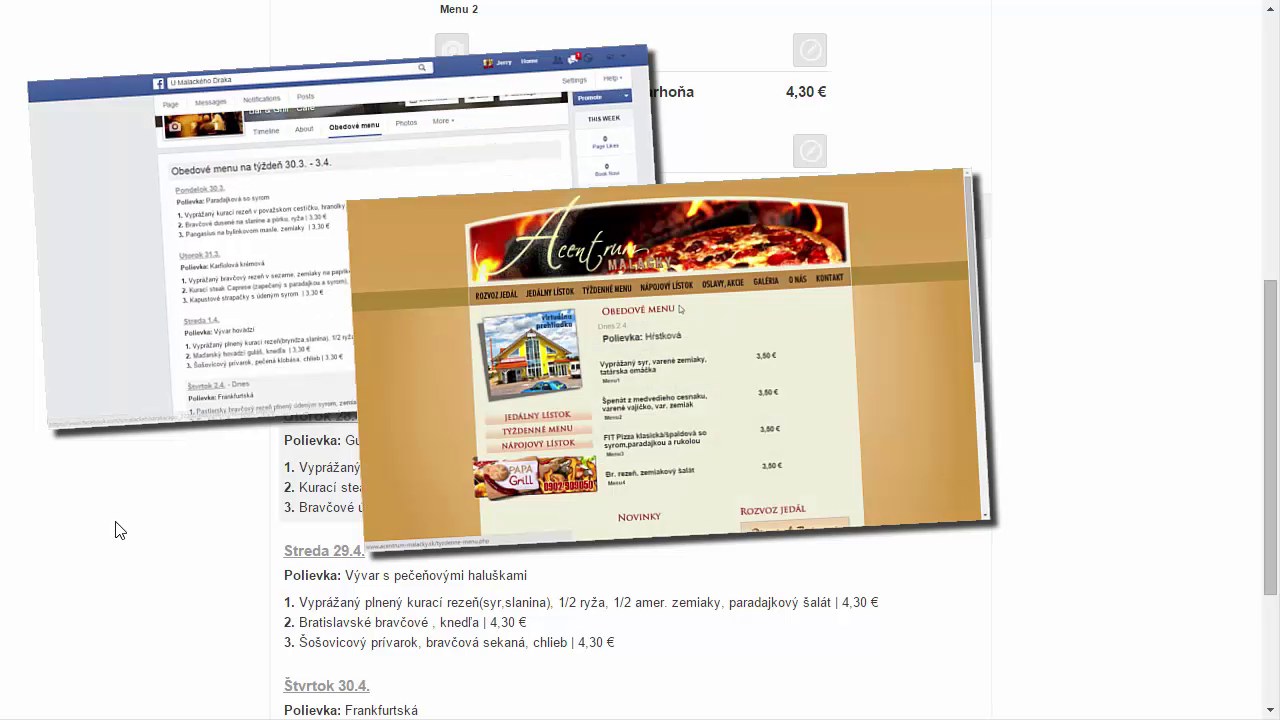 Zverejnen&eacute; obedov&eacute; menu zobrazen&eacute; na Facebooku re&scaron;taur&aacute;cie a na webovej str&aacute;nke s t&yacute;ždennou ponukou